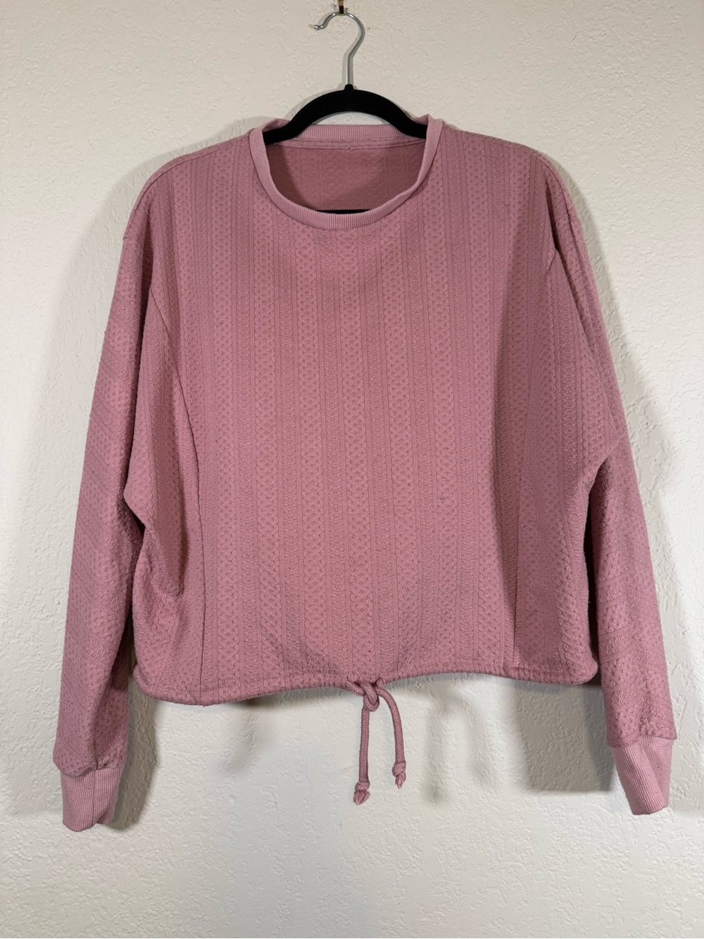 Women's Dusty Pink Drawstring Crew Pullover Sweater Textured